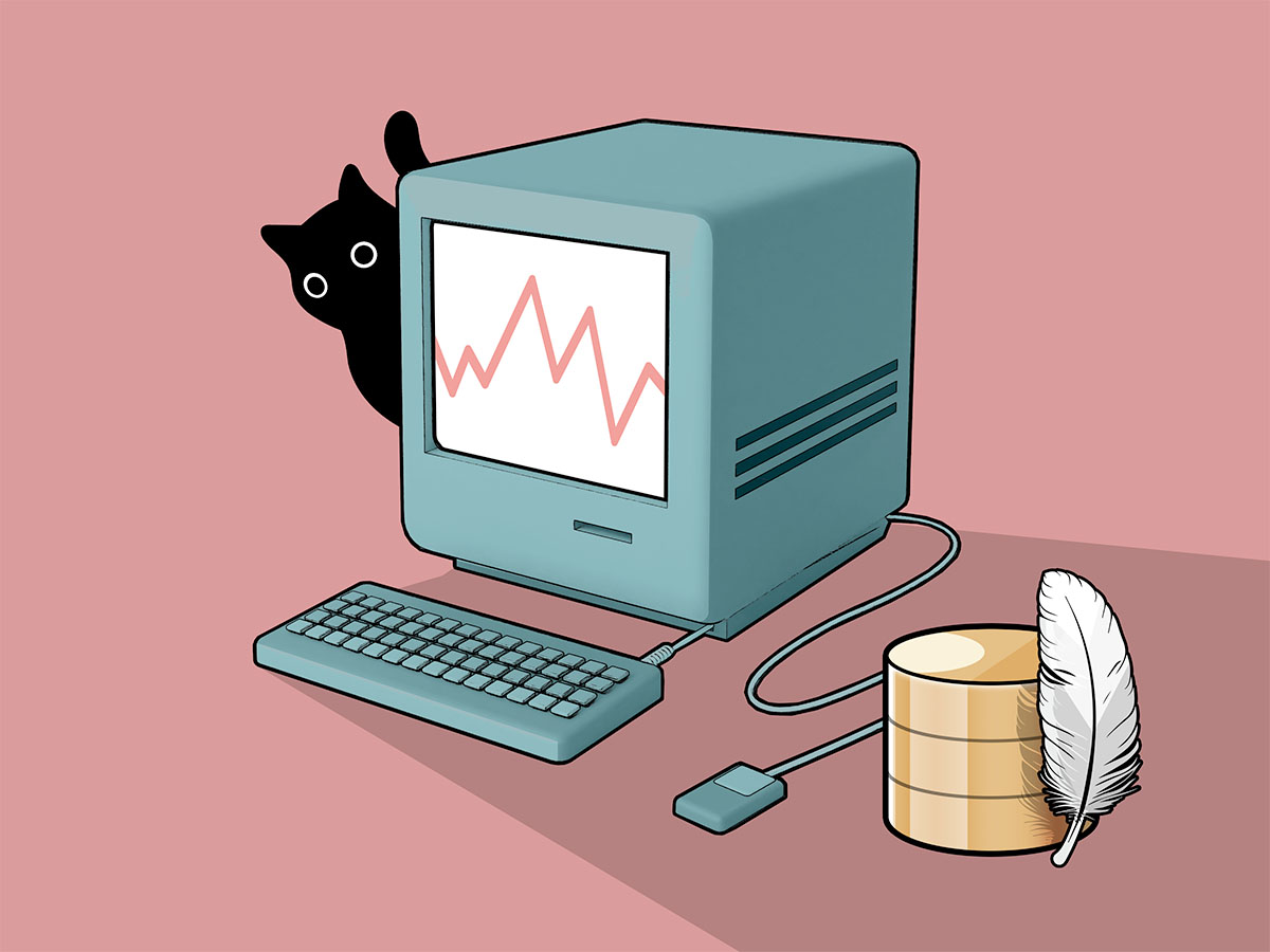 Cat behind a computer and a database at forefront
